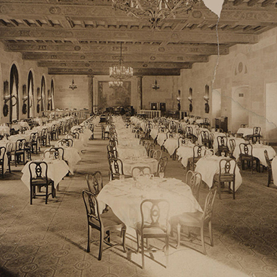 Black and white photograph of the main dining room of the Mount Royal Hotel in Montreal.