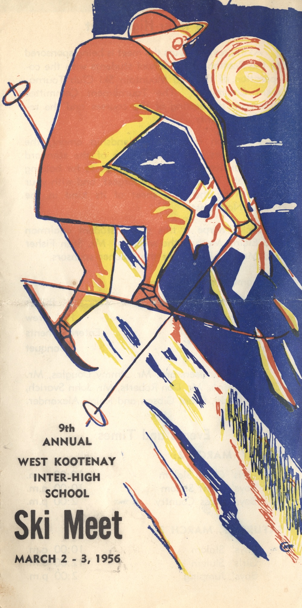 Colourful, illustrated cover of ski meet programme from 1956.
