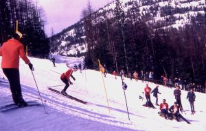 Skier about to go through two ski gates while spectators look on.