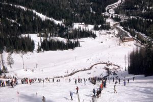Slalom course on a snowy mountain with spectators lining the edges.