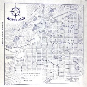 Map showing the close proximity of Red Mountain (northwest) to the Rossland townsite. Monte Cristo Mountain (northeast), and Deer Park Mountain (southwest) are also shown. Multiple mine claims are shown on the mountains.