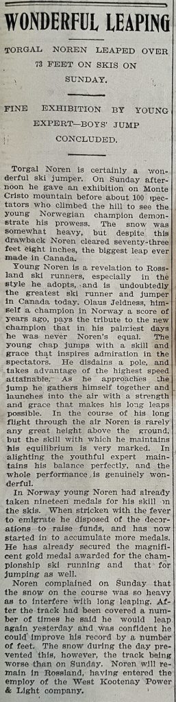 Article de presse décrivant la première victoire de Torgal Noren lors de la compétition de saut à ski pendant le Carnaval d’Hiver.
