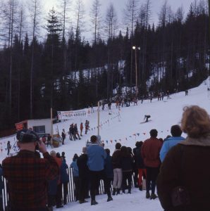 Crowd of people watching a ski race.