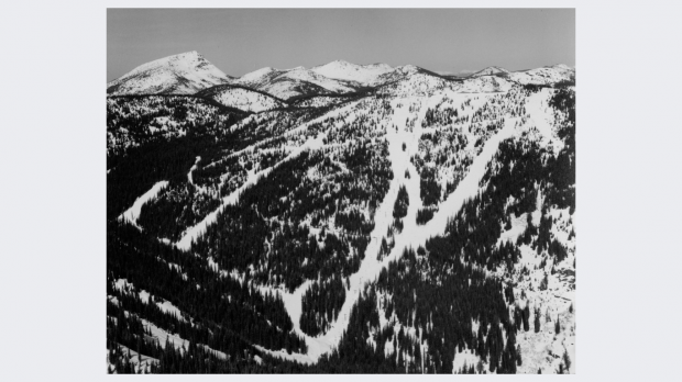 Black and white aerial photo of the Paradise ski area on the backside of Granite Mountain.