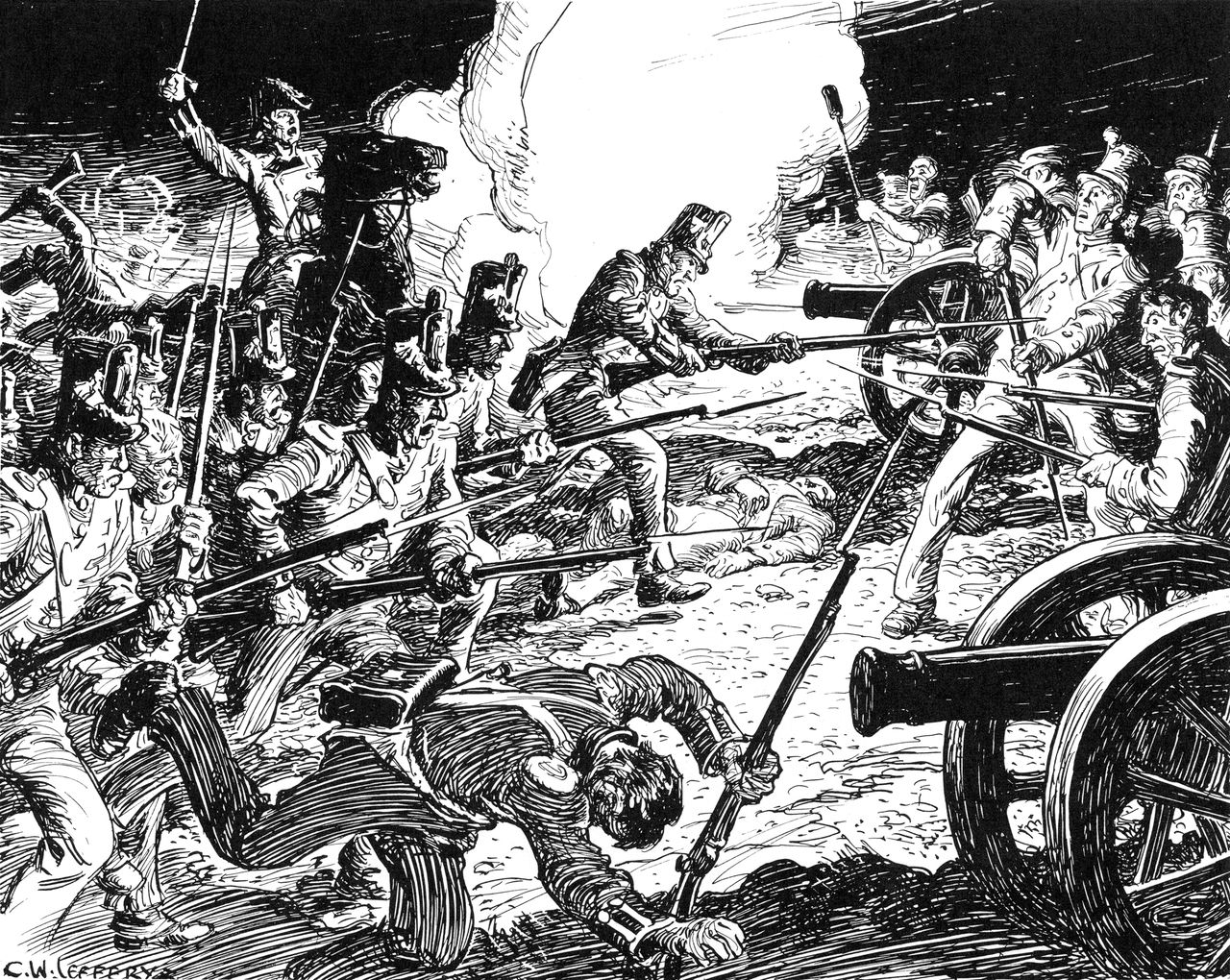 Dessin en noir et blanc mettant en scène plusieurs hommes qui combattent, armés de fusils et de canons, sur un champ de bataille.