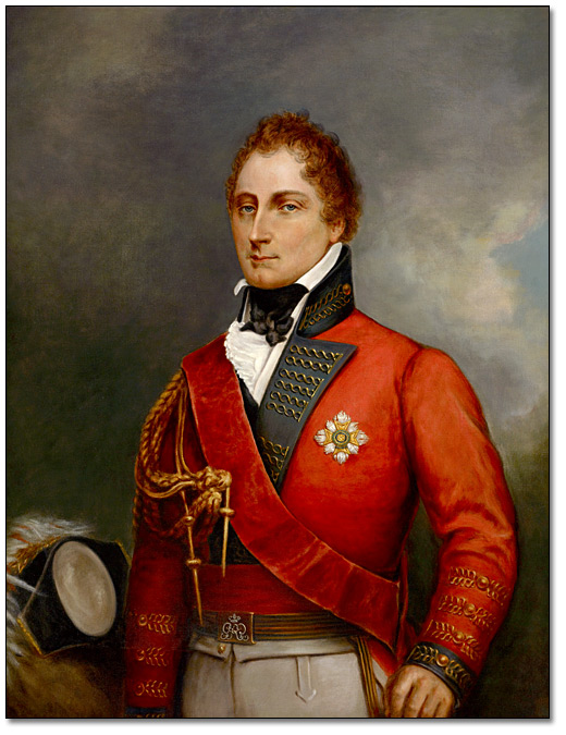 Painted portrait of a man wearing a red British military uniform with a black collar adorned with golden embroidery.