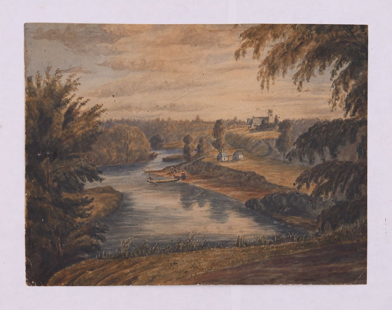 Colour painting depicting the landscape of the Saint Francis River. On the shore, soldiers are mooring a canoe near a camp. The steeple and roof of St. George’s Anglican Church are visible in the distance.