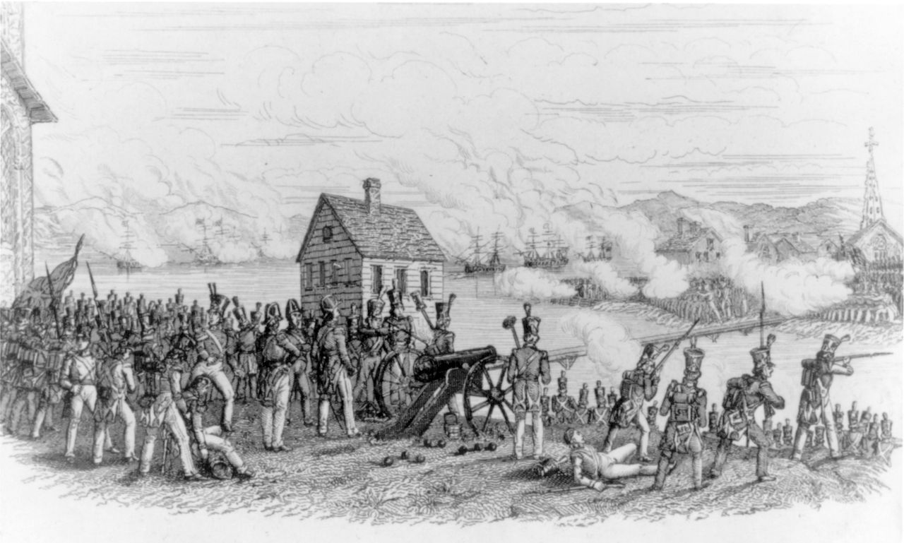 Black and white drawing depicting several men fighting with rifles and cannons. A river separates the two factions.