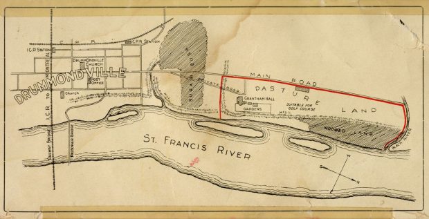 Map of Drummondville along the Saint Francis River, highlighting the extensive Watts family property along the river and the location of buildings on this land.