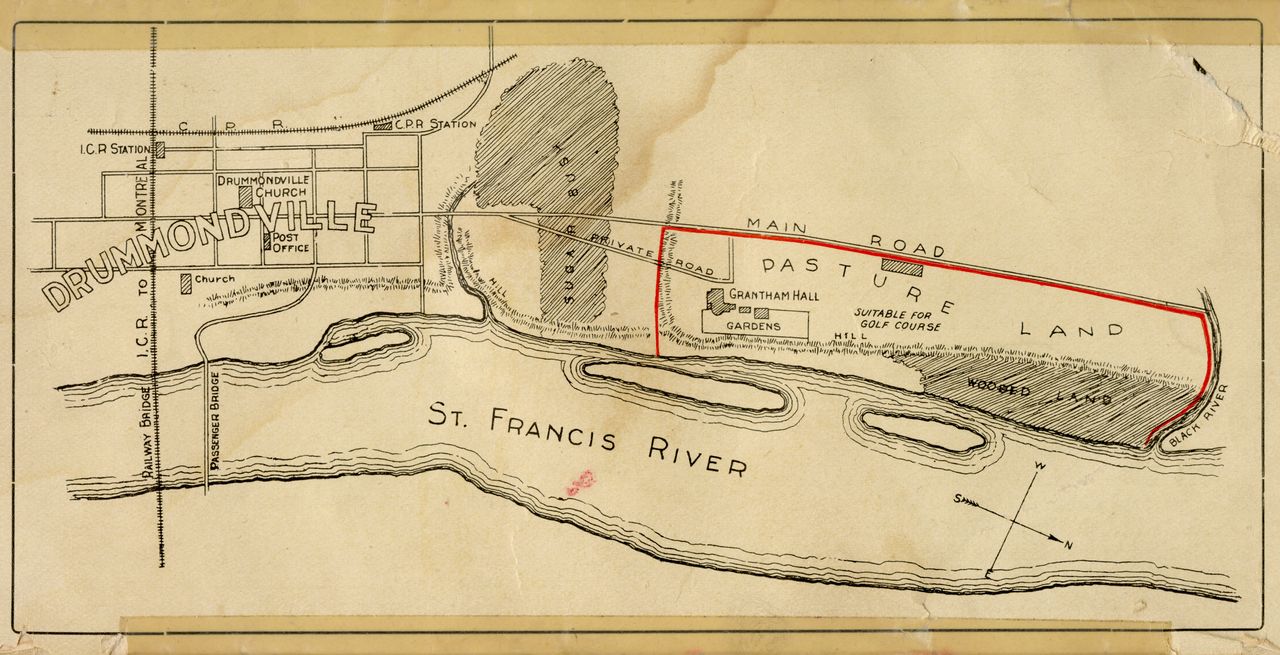 Map of Drummondville along the Saint Francis River, highlighting the extensive Watts family property along the river and the location of buildings on this land.