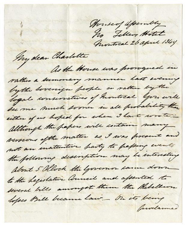 Yellowed handwritten letter from RN Watts from Montreal, April 26, 1849.