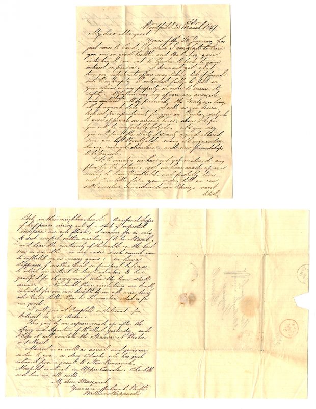 Yellowed handwritten letter from William Sheppard from Woodfield, February 25, 1847.