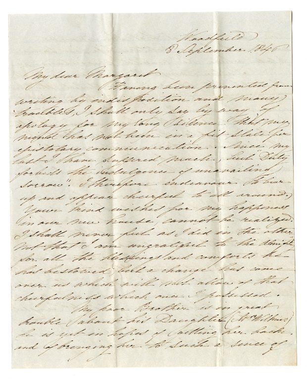 Yellowed handwritten letter from Harriet Sheppard from Woodfield, September 8, 1846.