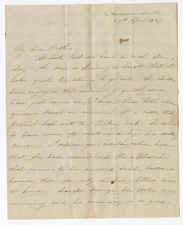 Yellowed handwritten letter from Charlotte Watts from Drummondville, April 24, 1847.