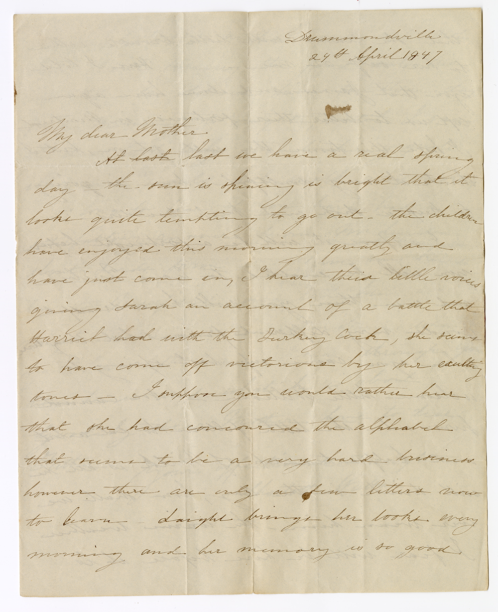 Yellowed handwritten letter from Charlotte Watts from Drummondville, April 24, 1847.