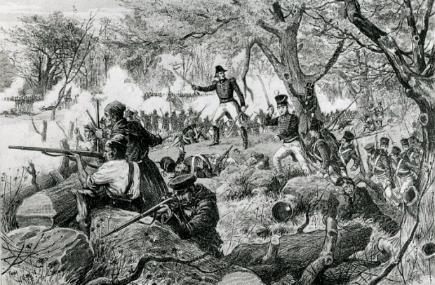 Engraving depicting several men fighting with rifles on a battlefield.