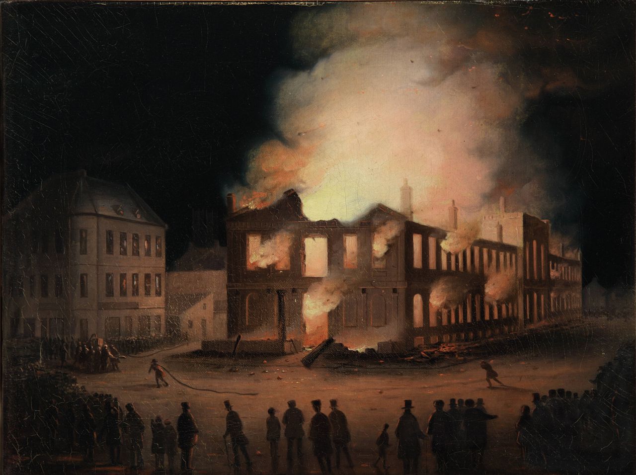Painting on wood depicting the Montreal Parliament in flames with a crowd surrounding the building, witnessing the scene.
