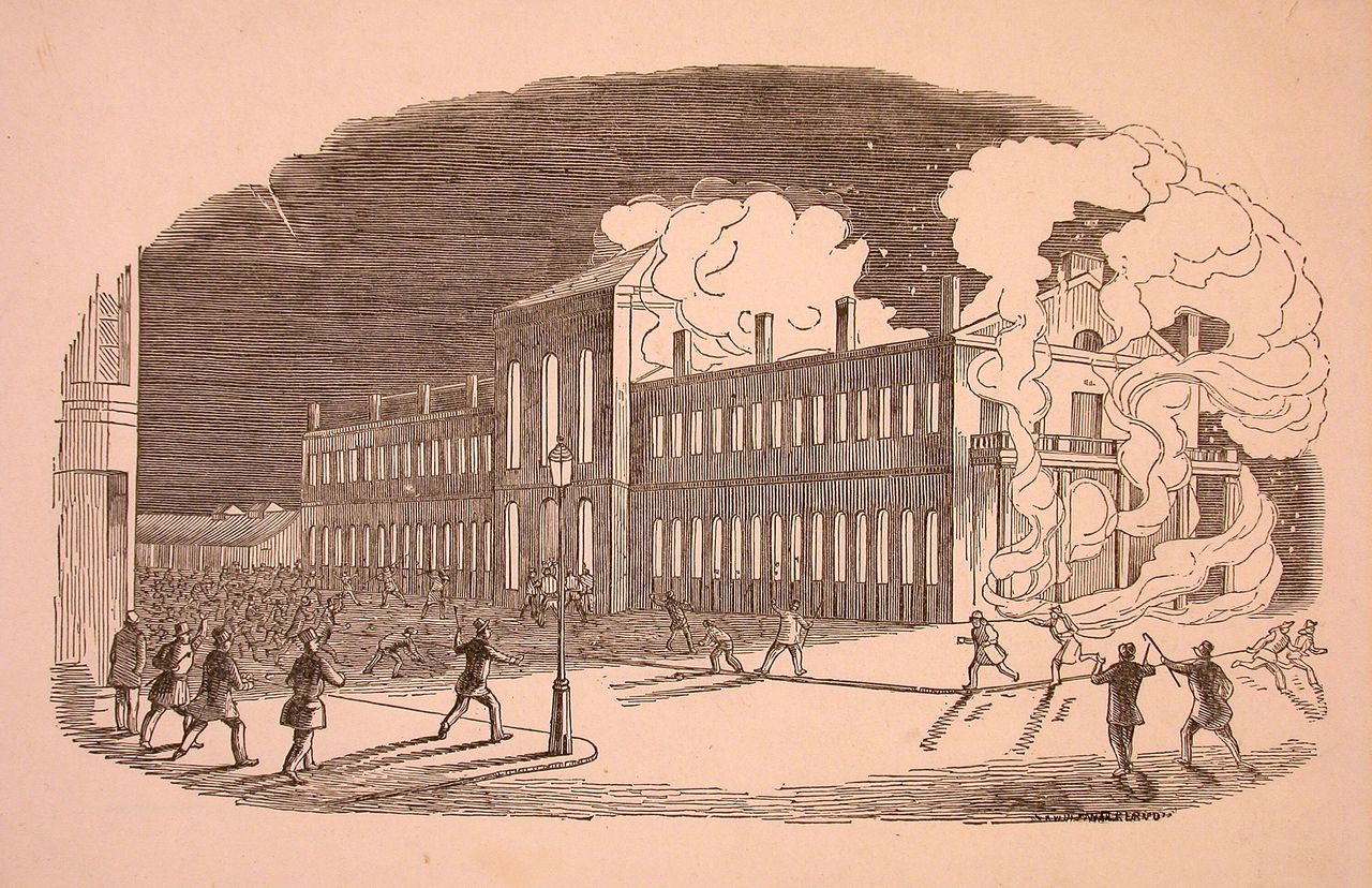 Woodcut showing the burning Montreal Parliament and a crowd in the street throwing rocks through the windows.