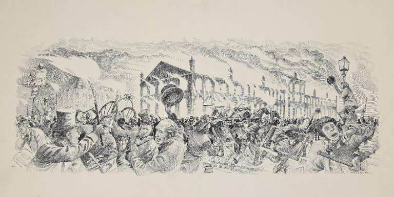 Black and white drawing depicting the chaos in the street in front of the burning Montreal Parliament. A crowd can be seen fighting, including police officers and people stealing paintings and furniture from the burning building.