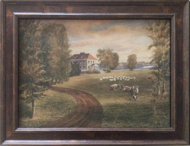 Watercolour painting depicting Grantham Hall, a large stone house and its grounds along the Saint Francis River, and livestock, including cows.