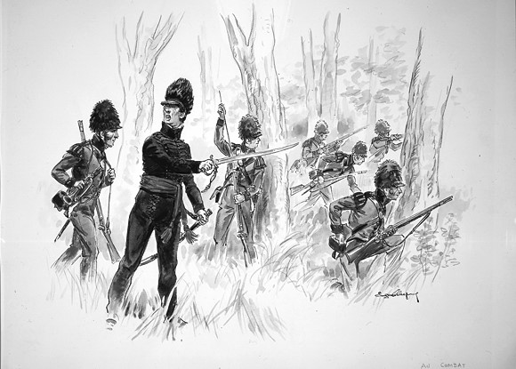 Dessin en noir et blanc de plusieurs hommes vêtus de l’uniforme militaire se préparant à une bataille camouflée dans les bois.