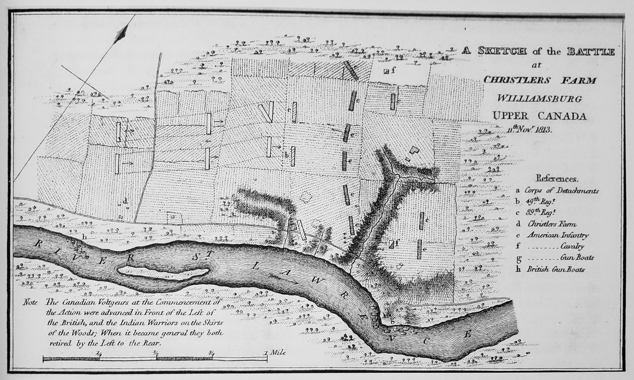 Map of the region surrounding Crysler’s Farm showing military movements during the battle.
