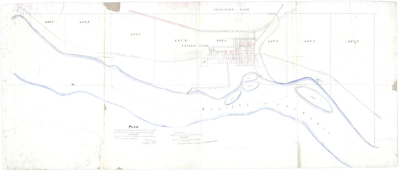 Plan de Drummondville détaillant la position des lots et des rues le long de la rivière Saint-François.