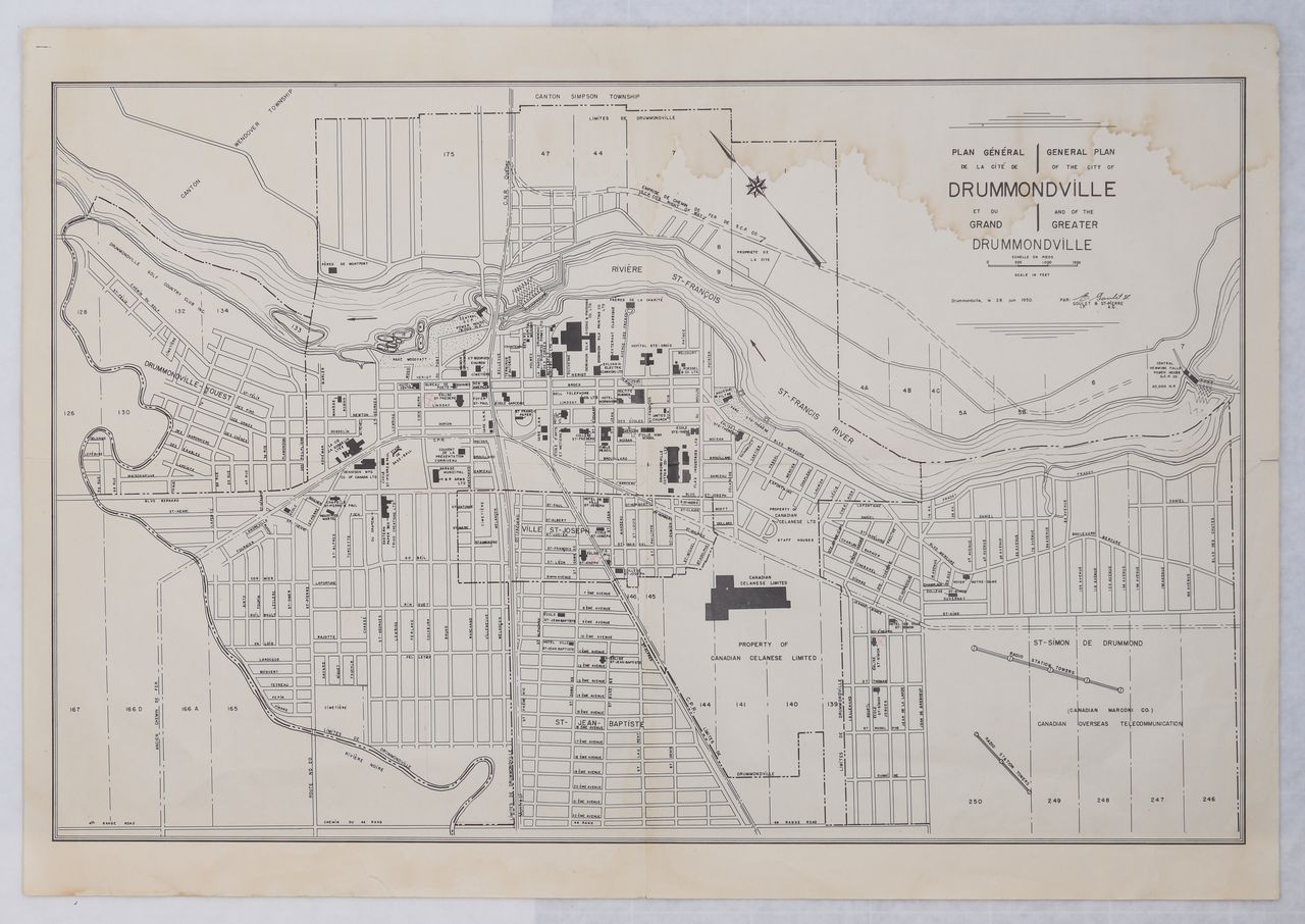 Map of Drummondville along the Saint Francis River highlighting the streets and important buildings such as factories, churches, schools, and the hospital.