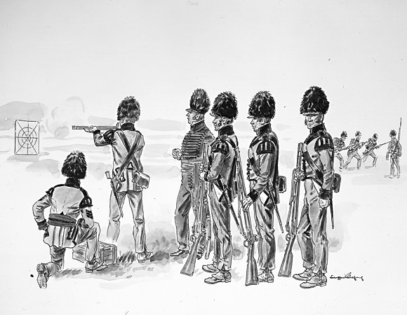 Black and white drawing depicting soldiers training to shoot rifles.
