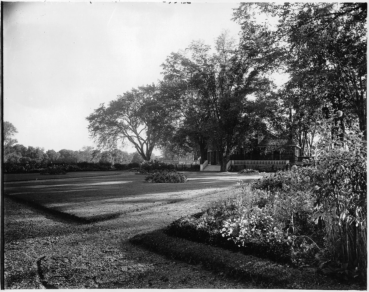 Photographie en noir et blanc d’un jardin d’arbustes et de fleurs devant une grande maison en pierre de deux étages, couverte de plantes grimpantes et munie d’un escalier donnant sur le jardin.