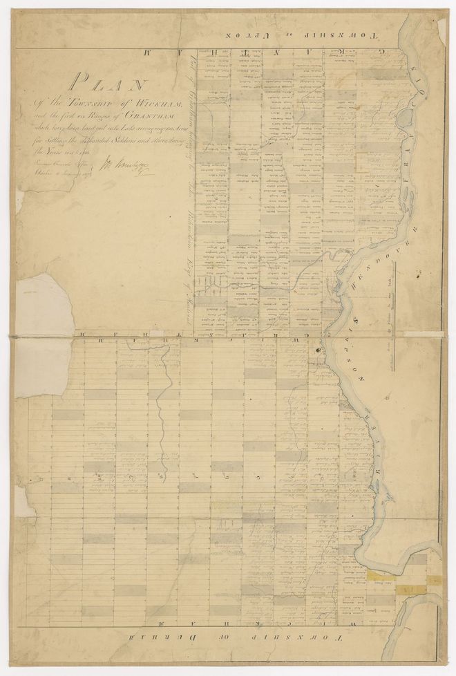 Map of the Wickham and Grantham townships showing the distribution of land along the Saint Francis River.