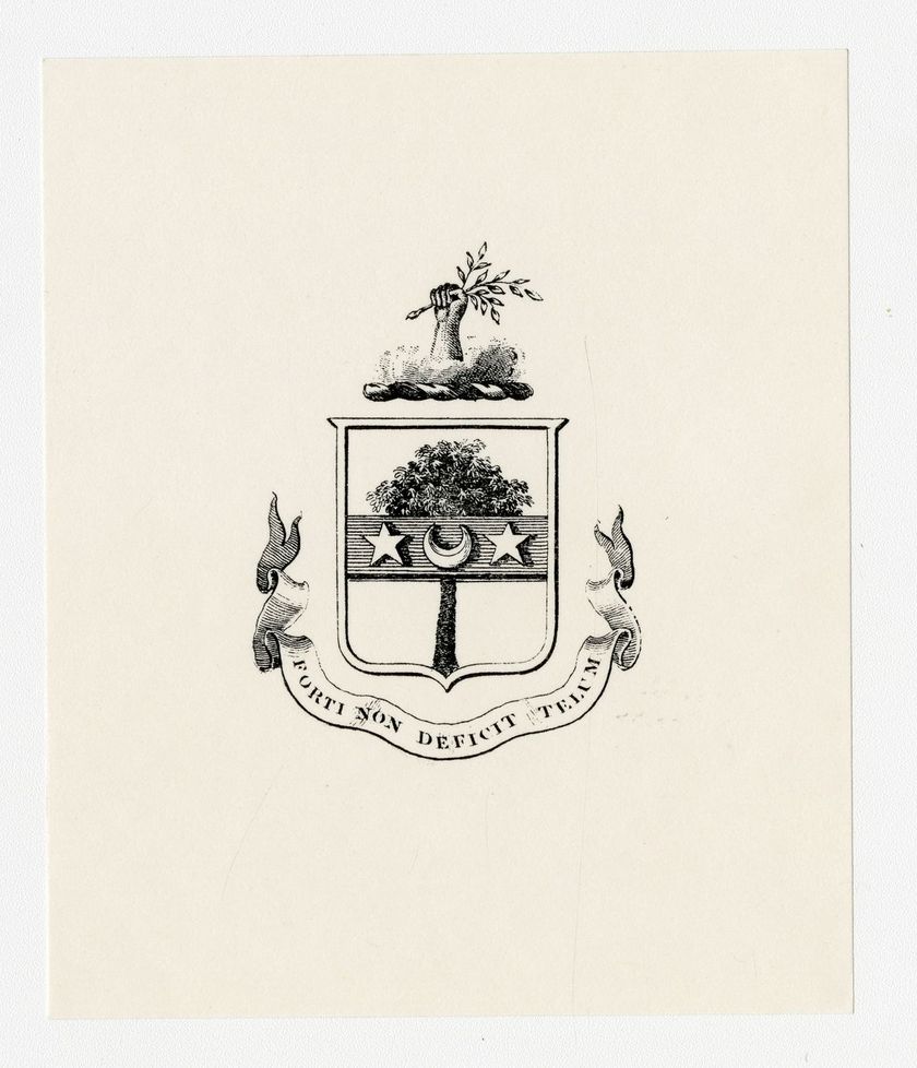Branch with leaves held by a hand above an English crest containing a tree, and a central border with two stars and a moon; all above a ribbon on which the family motto is inscribed: Forti non deficit telum.