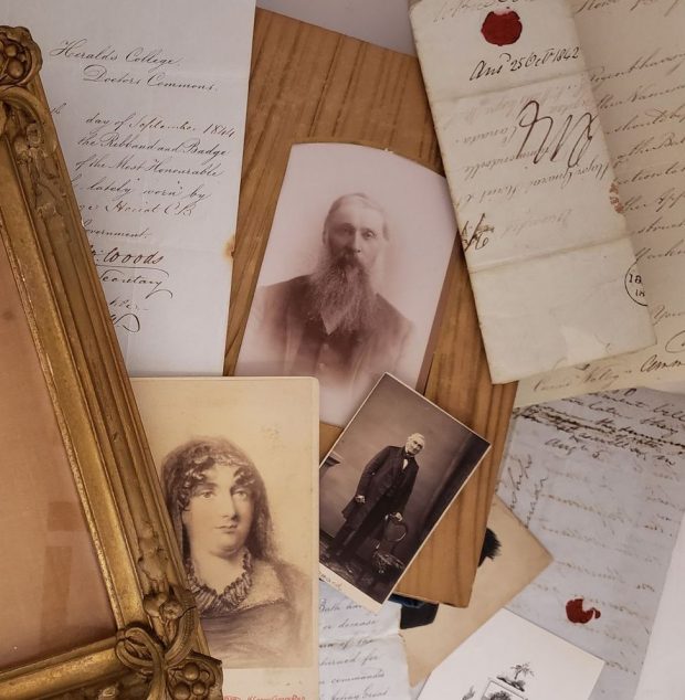 Colour photograph of a montage of various archival documents, including letters and portraits of men and women.