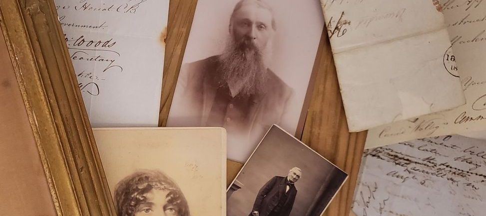 Colour photograph of a montage of various archival documents, including letters and portraits of men and women.