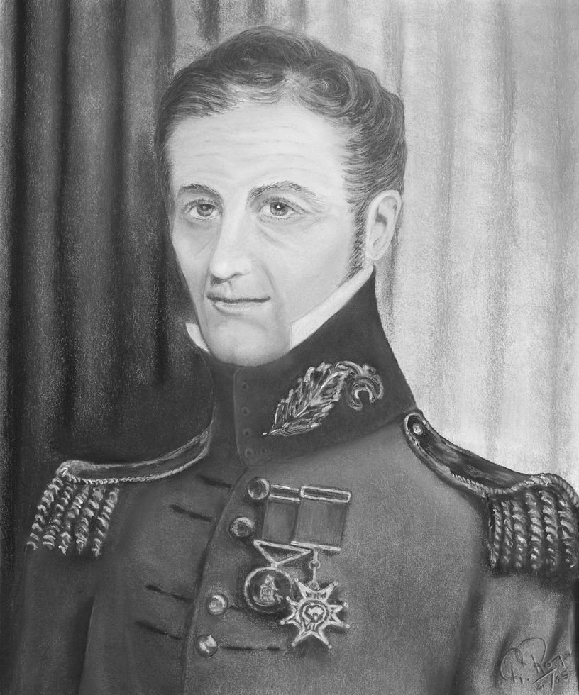 Black and white drawing of a man wearing a British military uniform adorned with two medals.