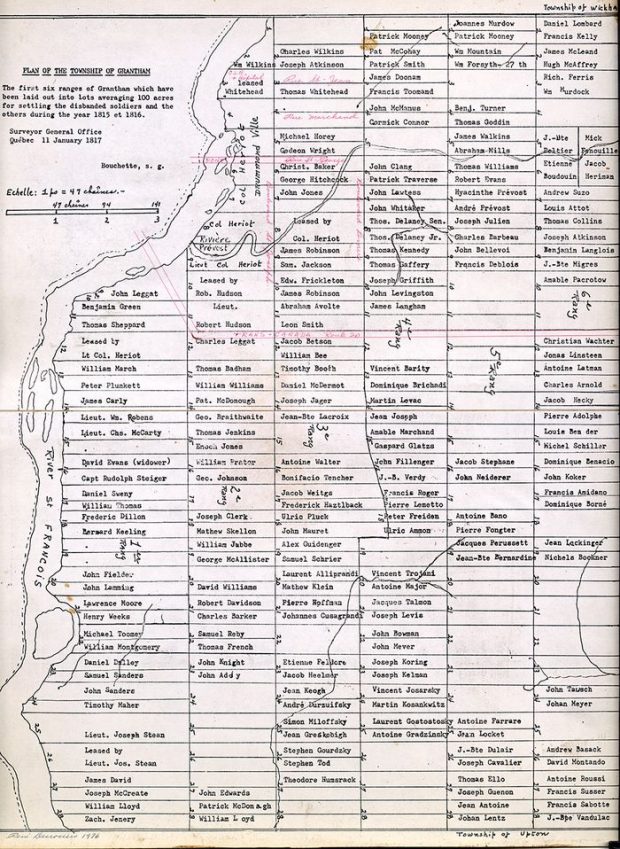 Map of Grantham Township showing the distribution of land along the Saint-Francis River.