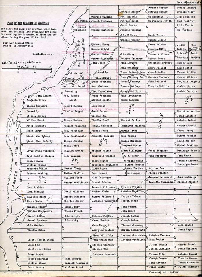 Map of Grantham Township showing the distribution of land along the Saint-Francis River.