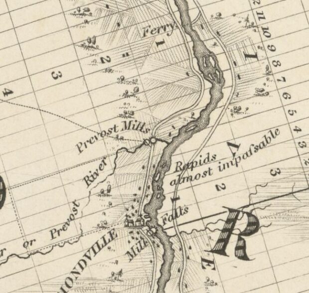 Map highlighting the various counties along the Saint Lawrence River with coloured borders and some drawings of coastal landscapes.