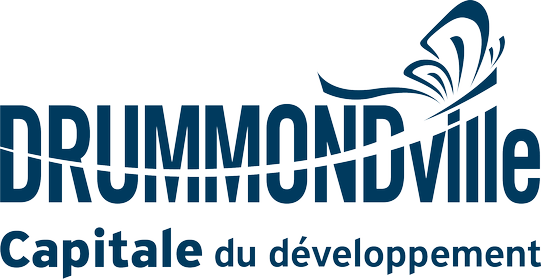 Blue logo of the City of Drummondville with the slogan 