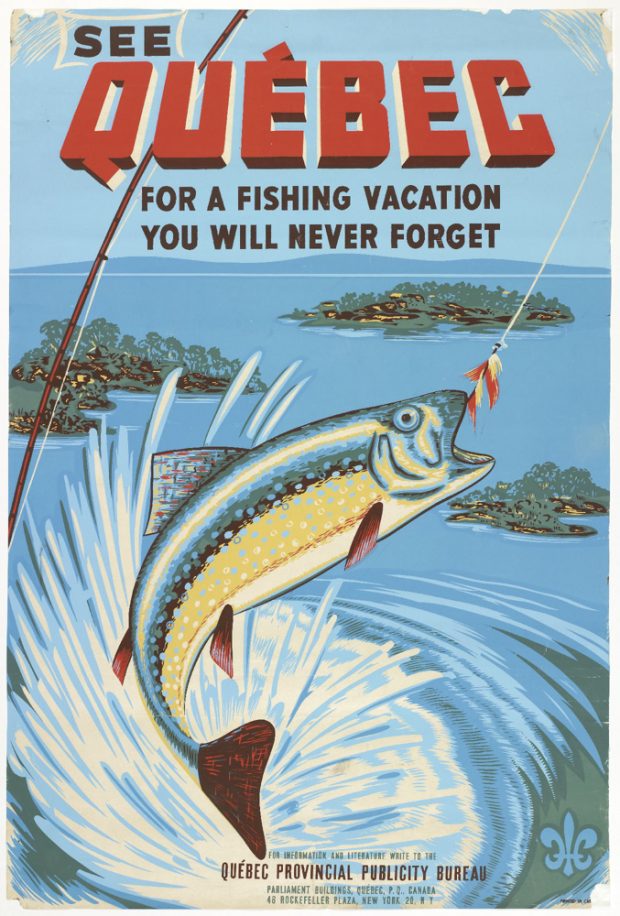 This ad portrays Québec as a top destination for an unforgettable fishing trip. The drawing shows a fish that has taken the bait.
