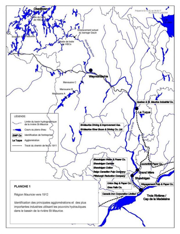 The map shows the Saint-Maurice drainage basin and identifies the railway route as well as the many industries located in the region, including Canada Iron Corporation in Trois-Rivières, Belgo in Shawinigan, and Québec & St. Maurice Industrial Company in La Tuque.