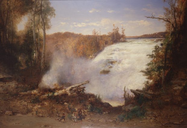 Three children play in the foreground of this painting that is eclipsed by the falls and the forest.