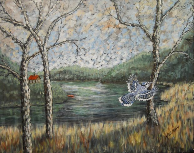 This impressionist-style painting depicts a blue jay flying in front of the river.