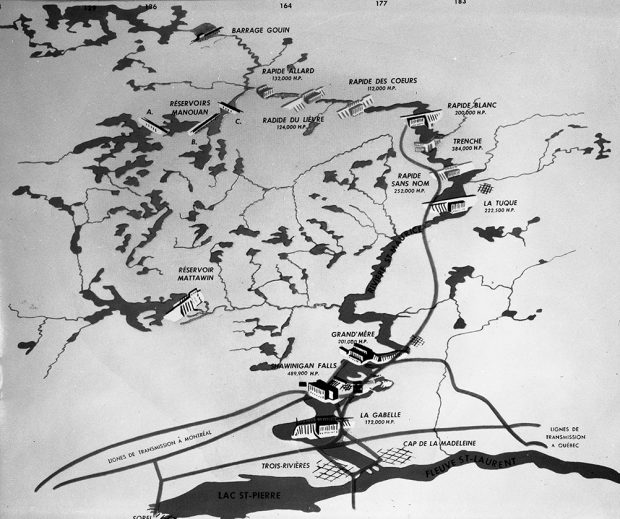 Map showing the power plants built on the Saint-Maurice River, from La Gabelle in the south to the Gouin Dam in the north. Eleven power plants are spread along the river.