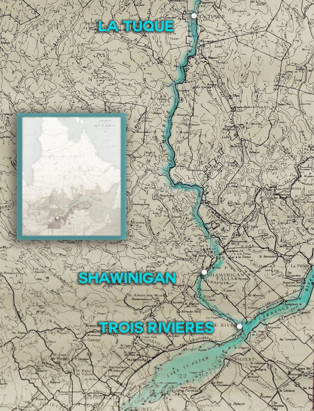 Map illustrating the long distance between La Tuque, Shawinigan, and Trois-Rivières, which is located at the confluence of the Sainte-Maurice and the St. Lawrence rivers.