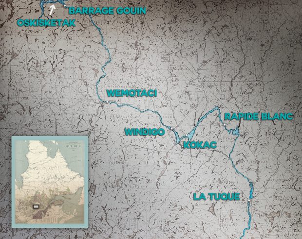 Geographical map illustrating the very dense hydrographic network and the main inhabited places of Haute-Mauricie: La Tuque, Rapide Blanc, Windigo, Wemotaci and the Gouin Dam to the north. We also can see the location of Atikamekw meeting points: Kokac and Oskisketak