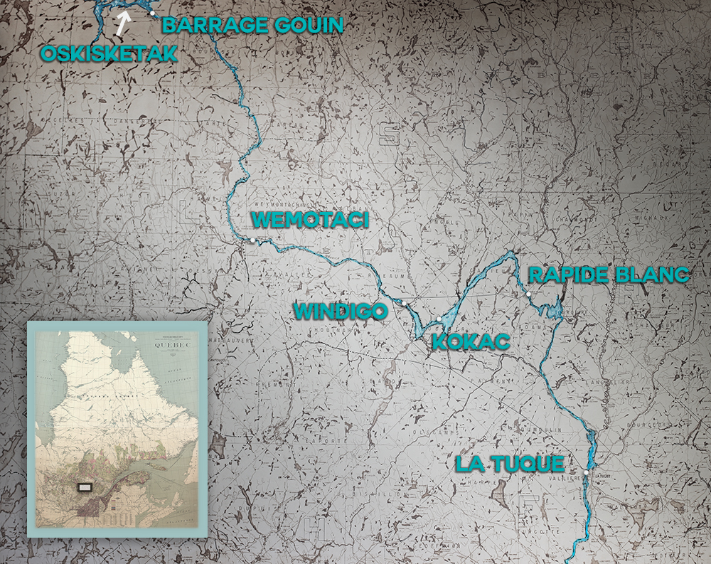 Geographical map illustrating the very dense hydrographic network and the main inhabited places of Haute-Mauricie: La Tuque, Rapide Blanc, Windigo, Wemotaci and the Gouin Dam to the north. We also can see the location of Atikamekw meeting points: Kokac and Oskisketak