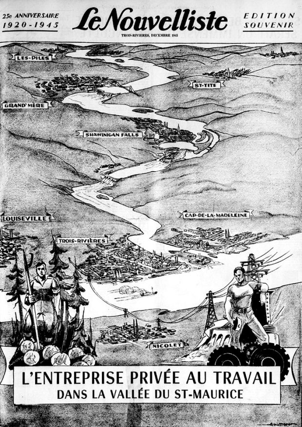 Front page of the Le Nouvelliste paper on its 25th anniversary in 1945. The drawing represents the Saint-Maurice valley, from the Piles in the north to the mouth of the river in the south. Several cities are depicted in the drawing, including Grand-Mère, Shawinigan Falls, Trois-Rivières and Cap-de-la-Madeleine. A driver and an energy worker are also drawn.