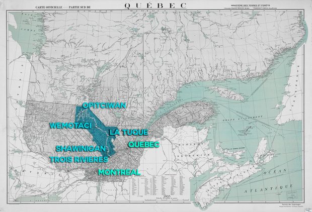 Map illustrating the river’s route from Opitciwan to Trois-Rivières, passaging through Wemotaci, La Tuque and Shawinigan. The map also locates the river in relation to Québec City, 130 kilometres further east