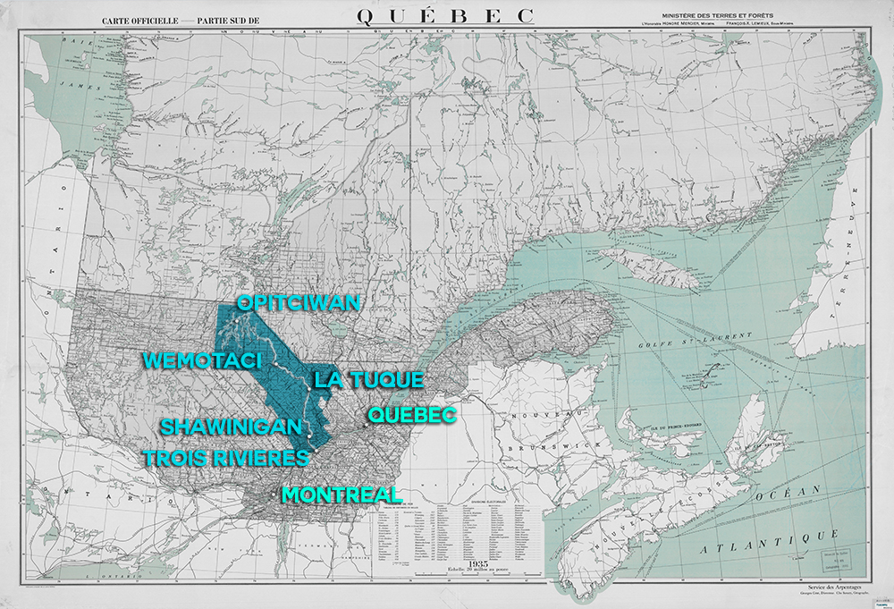 Map illustrating the river’s route from Opitciwan to Trois-Rivières, passaging through Wemotaci, La Tuque and Shawinigan. The map also locates the river in relation to Québec City, 130 kilometres further east